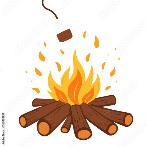 Campfire with logs and marshmallow being toasted over flames  