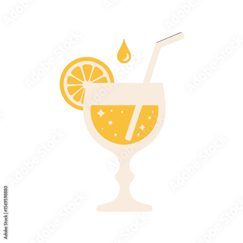 Citrus cocktail in glass with straw and lemon slice  