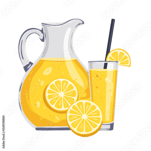 Fresh lemonade pitcher and glass with lemon slices on white background  