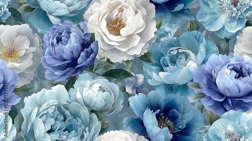 seamless vintage floral pattern with blue roses and peonies on white background