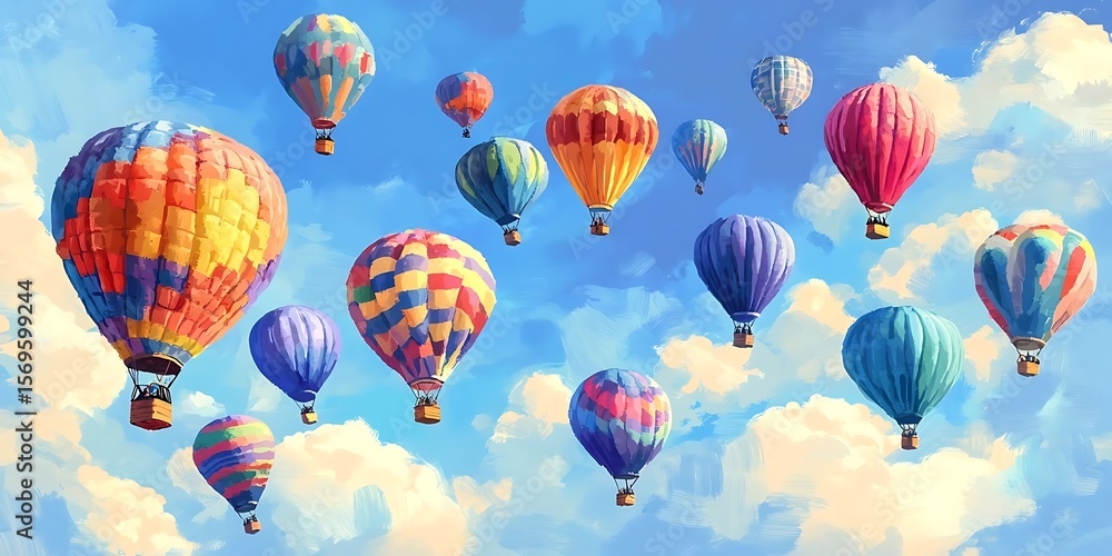 Obraz premium Colorful Hot Air Balloons Soaring in a Clear Blue Sky with Fluffy White Clouds on a Sunny Day