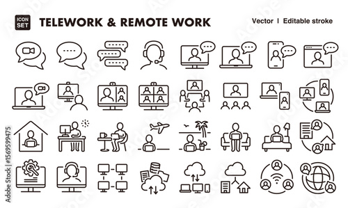 Telework and remote work line icon set. Vector editable stroke icon.