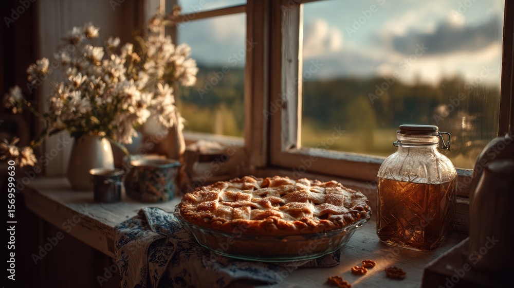 Delicious Homemade Pie on Rustic Table Beside Sweet Jar of Honey Evoking Warmth and Comforting Vibes Delicious Homemade Pie on Rustic Table Beside Sweet Jar of Honey Evoking Warmth and Comforting Vibes