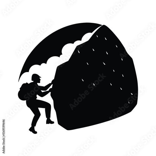 Silhouette of climber on snowy mountain face climbing