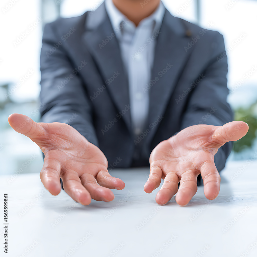 Fototapeta premium 正面から見たビジネスマンの両手ジェスチャー（テーブル越し）