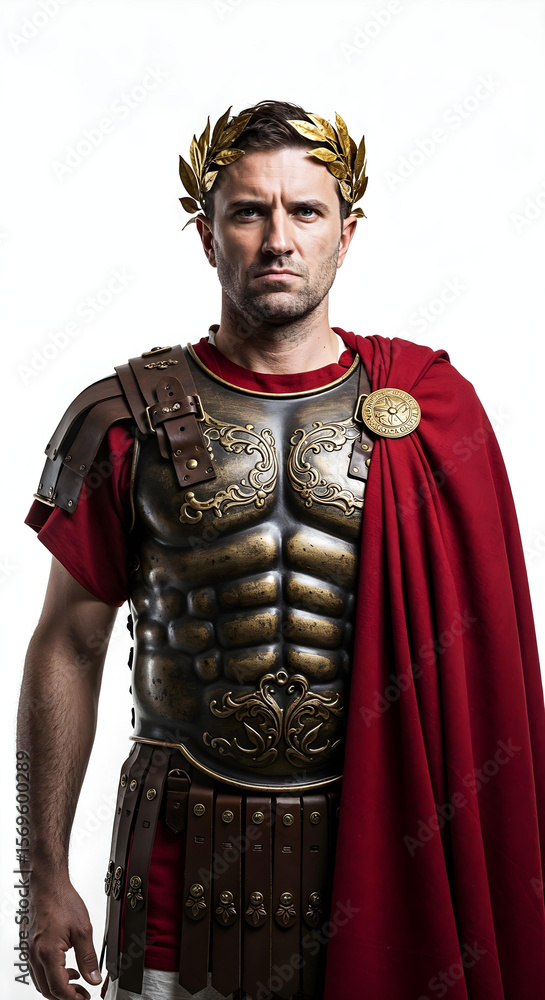 Roman emperor in armor with crimson cape on white background
Roman emperor in armor with crimson cape on white background