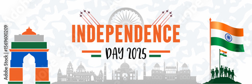 banner or poster for 79th India Independence Day 2025 celebration with india gate, landmark silhouette and fighter jet. Best for India Independence Day.