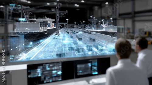 Futuristic Port Management with Digital Interface and Cargo Ships in a Control Room