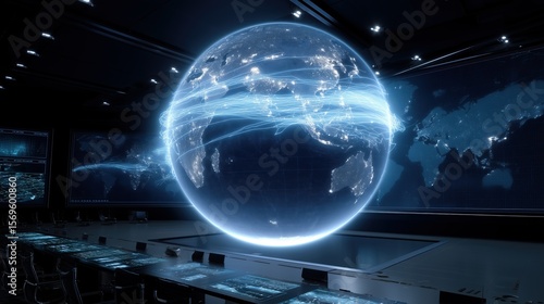 Futuristic Global Network Visualization in a High-Tech Control Room