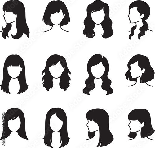 Diverse female hairstyles and profiles silhouette black and white