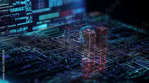 Futuristic cityscape with digital circuit board pattern, neon lights and abstract skyscrapers background concept