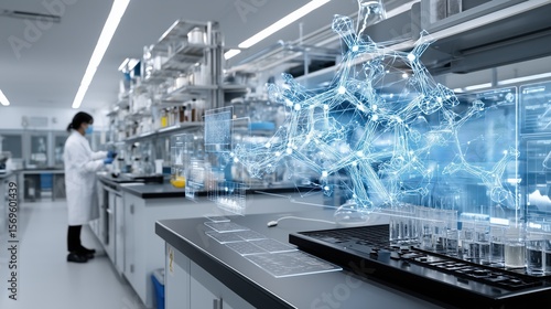 Futuristic Laboratory with Scientist and Digital Molecular Network Visualization