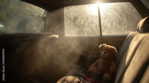 Backseat of a hot car with foggy windows and a stuffed teddy bear left behind, sunlight streaming through, creating an emotional and dramatic atmosphere.
