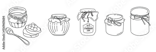 Outline jars for jam or marmalade or stickers for design scrapbook or coloring. Vintage tableware for cherry or strawberry jam. Vector illustrations with glass jar in doodle style drawn black outline.