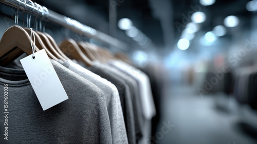 Fashion Retail. Hanging gray t-shirts with price tags in modern clothing store.