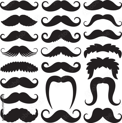 Various black mustache silhouettes facial hair curly