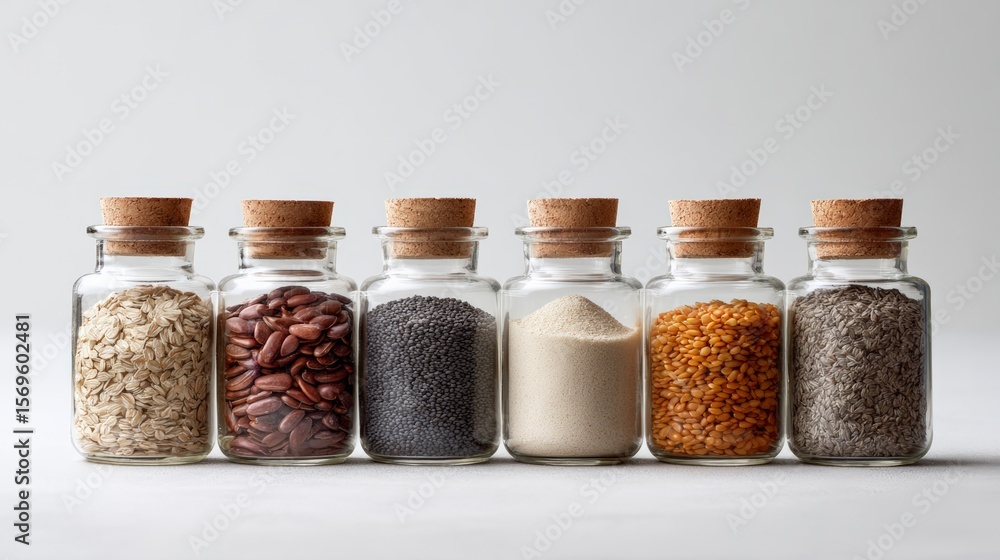 Glass jars containing a variety of seeds and grains, highlighting the importance of incorporating these nutritious ingredients into a balanced diet for healthy eating habits and overall well being Glass jars containing a variety of seeds and grains, highlighting the importance of incorporating these nutritious ingredients into a balanced diet for healthy eating habits and overall well being