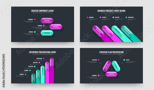 Creative Performance 3 4 5 3 Step Infographic Slideshow Layout Bundle. Market Development Three Four Five Three Option Diagram Frame Design Vector Illustration Collection.