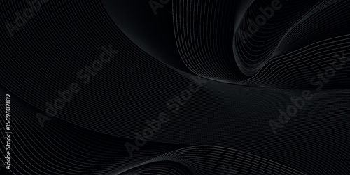 Black abstract background with Modern wavy line pattern in monochrome colors. Premium stripe texture for banner, business backdrop. Dark horizontal vector template