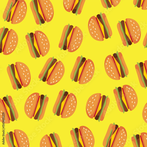 Hamburger seamless pattern. Fast food background. Simple doodle, hand drawn wallpaper.