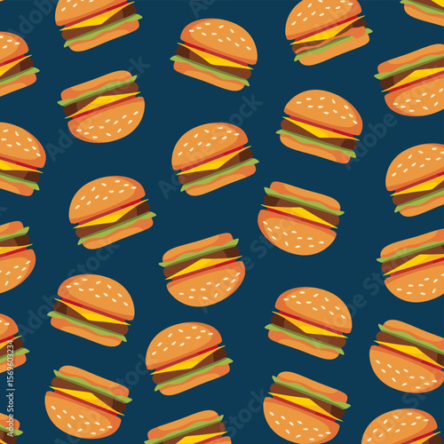 Hamburger seamless pattern. Fast food background. Simple doodle, hand drawn wallpaper.