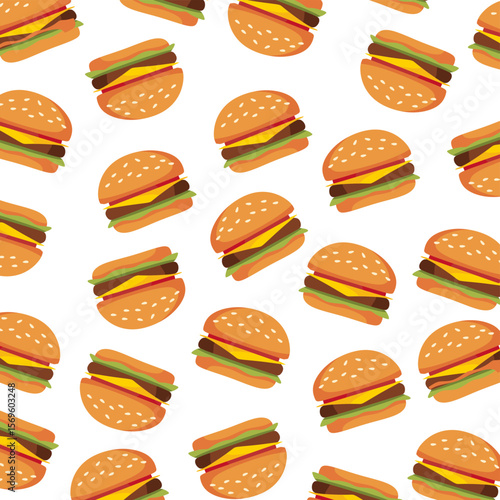 Hamburger seamless pattern. Fast food background. Simple doodle, hand drawn wallpaper.