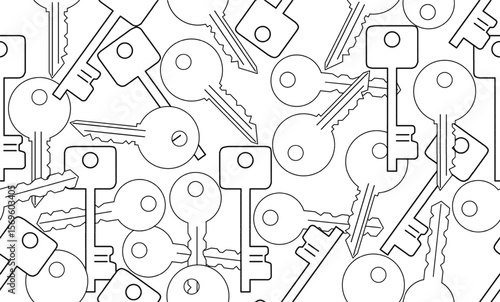 Seamless pattern and abstract of various outline keys, flat design, isolated on white. Ideal for backgrounds, security themes, locksmith services, or vintage key illustrations.