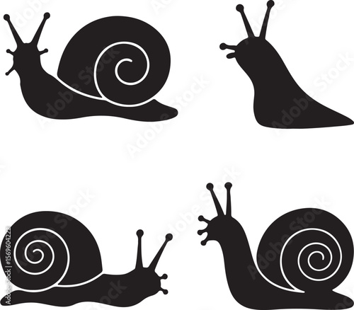 Black snail silhouettes with coiled shells and antennae white