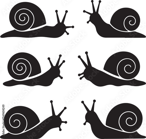 Black snail silhouettes with swirled shells spiral