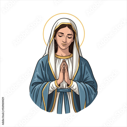 A color vector illustration of Mother Mary praying, with a golden halo