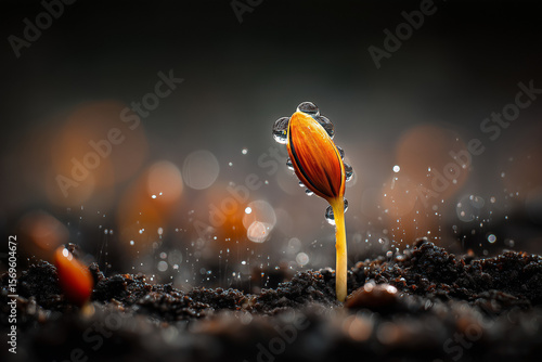 Macro shot of seed sprouting in dark soil with water drops and soft sunlight. Concept of growth and renewal.