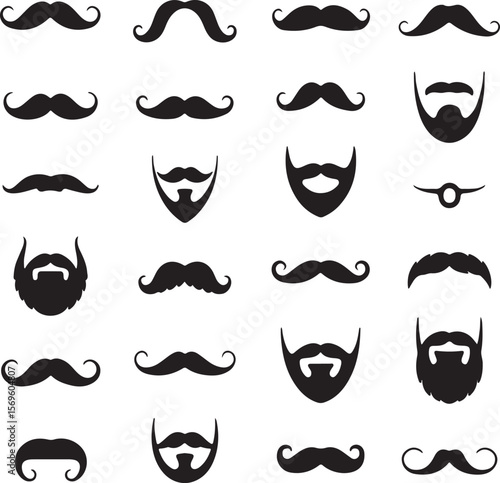 Diverse mustache and beard silhouettes black white