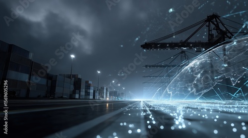 Futuristic Shipping Port with Digital Network Overlay in Nighttime Setting