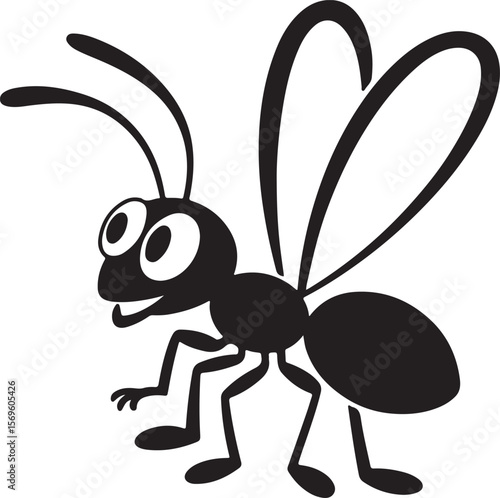 Whimsical black ant with large eyes and wings insect cartoon