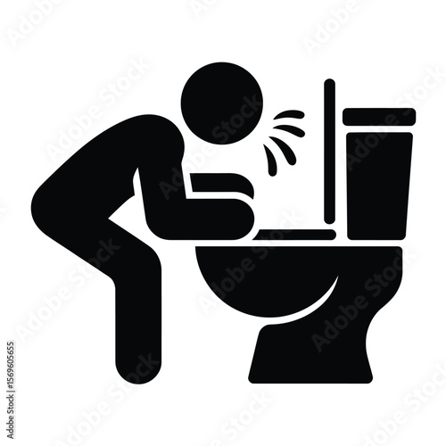 A simple black and white icon illustration of someone vomiting into a toilet
