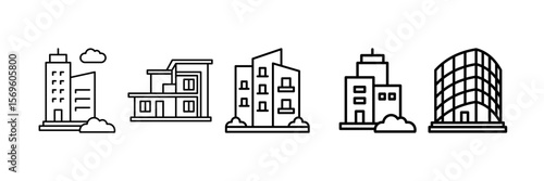 Architecture Modern Icon Set Multiple Style Collection, Containing design Skyscraper, Modern House, Apartment Building, Residential,  Glass Building