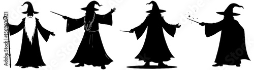 Silhouette set of wizards in different poses
