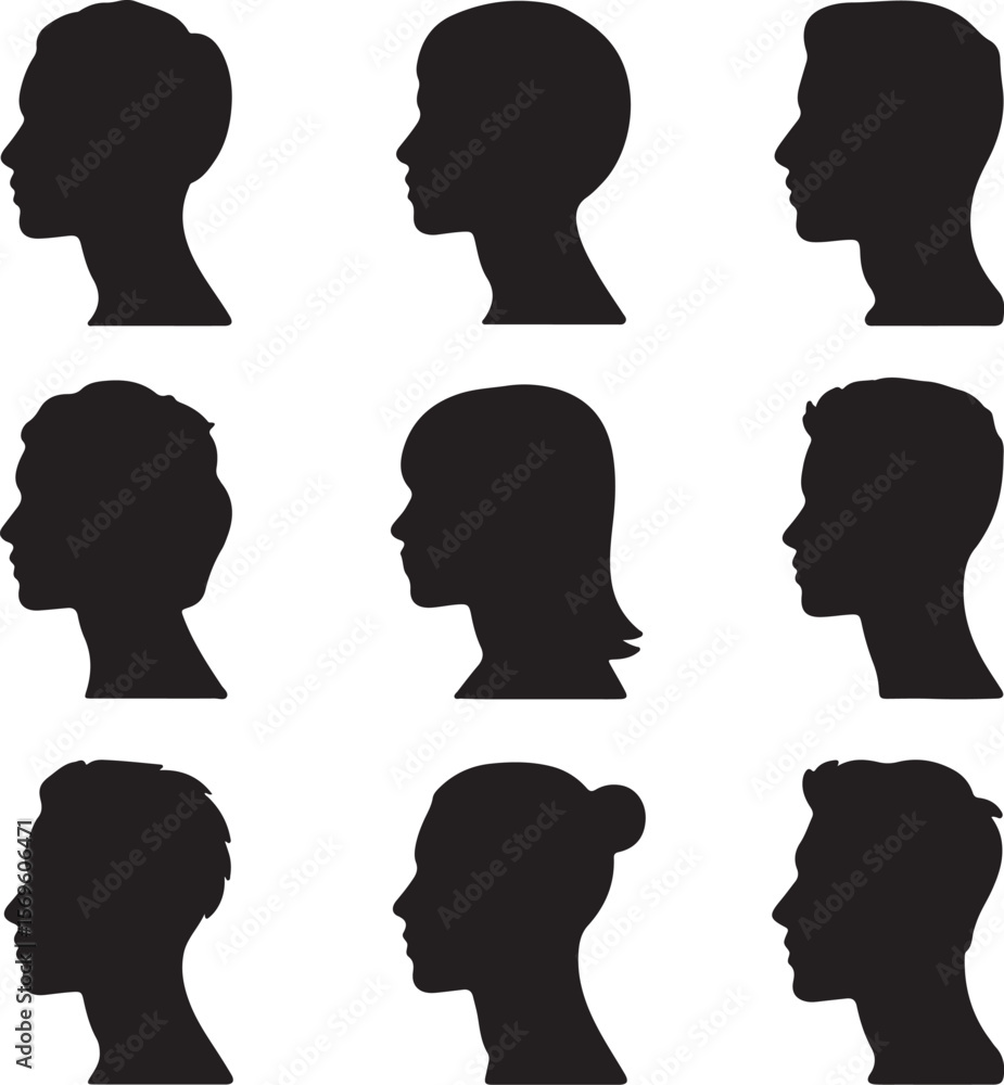 Nine Black Silhouettes of Human Heads in Profile View Diverse Hairstyles and Hair Lengths Male and Female Nine Black Silhouettes of Human Heads in Profile View Diverse Hairstyles and Hair Lengths Male and Female