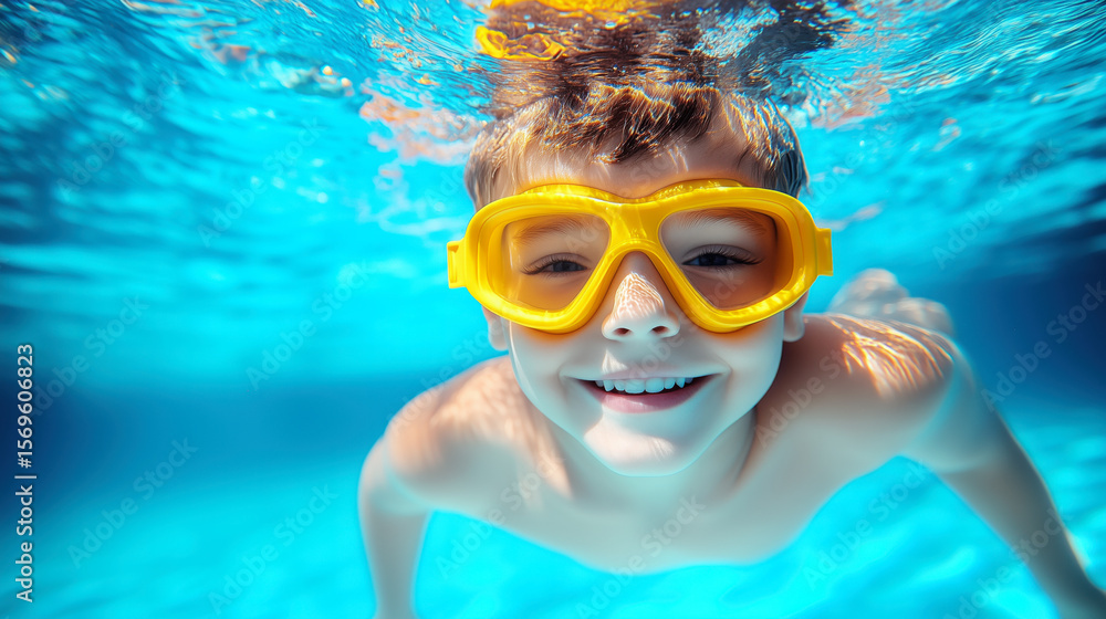 Fototapeta premium Young Smiling Girl with Yellow Goggles Swimming Underwater