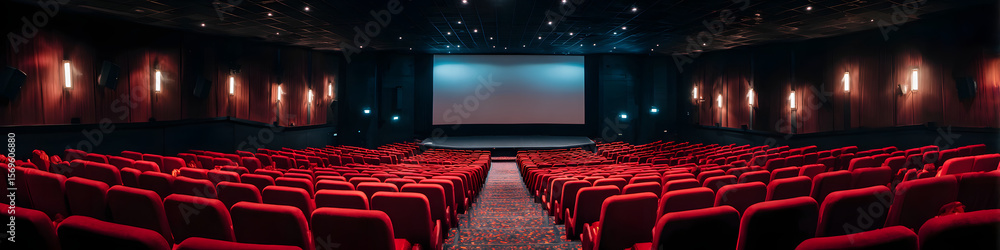 Fototapeta premium Empty red theater seats facing large screen in modern cinema hall