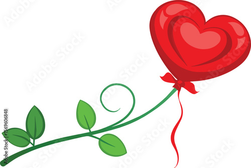 Love's Serenade: A vibrant heart balloon floats gracefully attached to a verdant stem of life and vitality, symbol of love's delicate touch and natural beauty.
