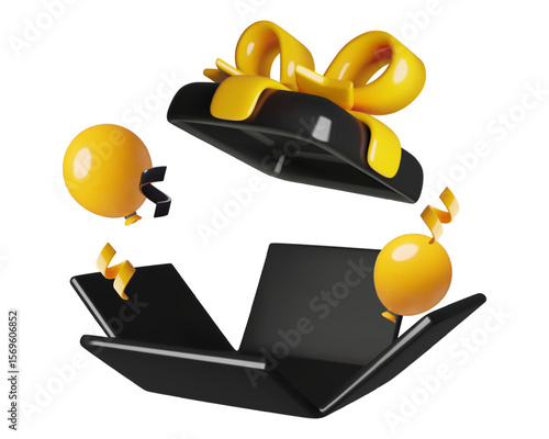 Opened black gift box 3d vector illustration with empty space for a prize, confetti and balloons isolated on white background.