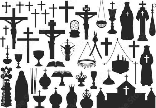Christian religion vector icons, church silhouette clipart, cross, priest, Bible, faith symbols, Catholic graphic elements, holy worship objects