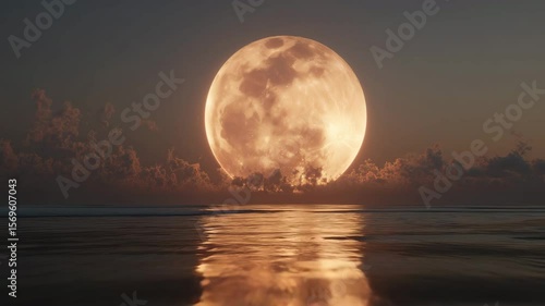 Full Moon Rising Over Ocean with Reflection on Water Surface During Twilight