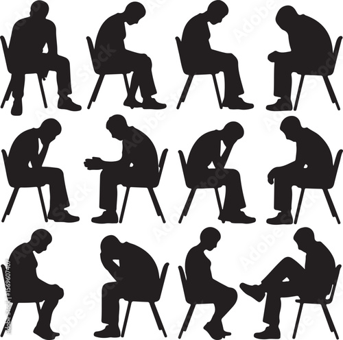 Twelve Black Silhouettes of People Sitting in Chairs Displaying Various Postures and Dejected Body Language