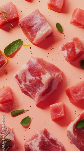Raw Meat Cubes with Herbs, and Pink Background.