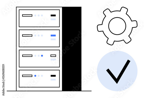 Server tower with a gear icon and a checkmark, representing server management, maintenance, system reliability, and efficiency. Ideal for IT, hosting, data center, cloud computing automation