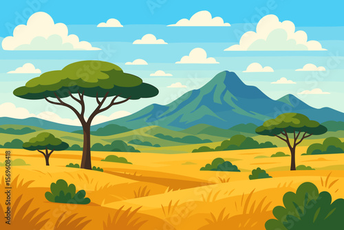 Cartoon African savanna landscape vector illustration. Beautiful safari scenery with acacia trees, hills and Kilimanjaro mountain. Flat design background for travel or tourism.