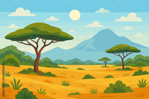 African landscape with acacia trees and Mount Kilimanjaro. Cartoon vector illustration of a savanna national park. Safari travel background concept. Wild nature in Africa.
