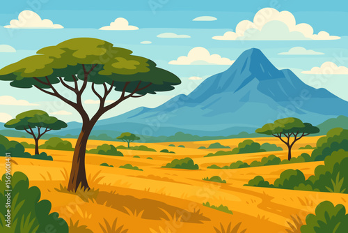 African savannah landscape with acacia trees and Mount Kilimanjaro background. Vector illustration of a scenic safari park in Tanzania or Kenya. Nature scenery on a sunny day.
